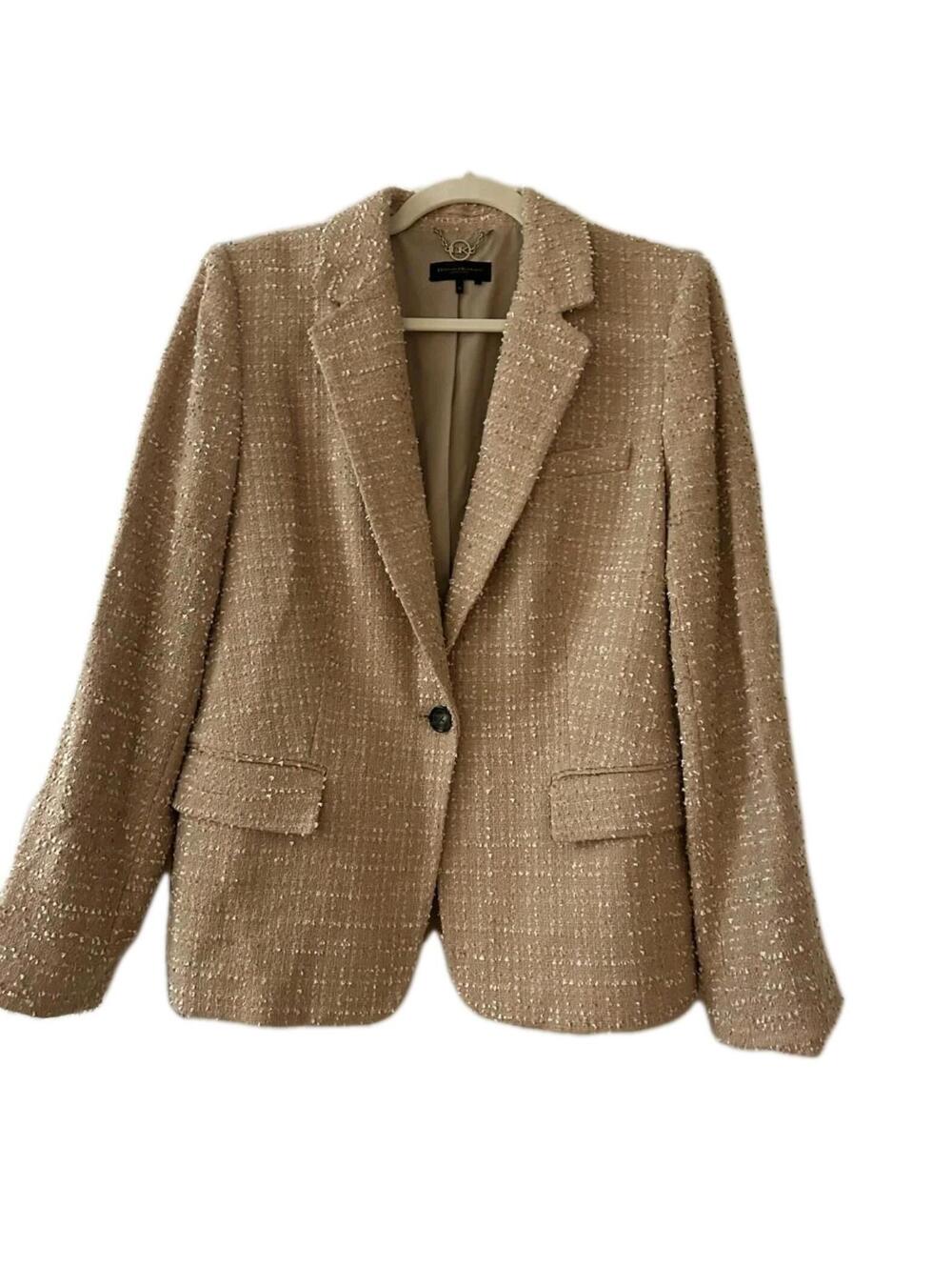 Donna Karan Tan Tweed Shell Embellished Blazer Jacket Business Women’s Size 10